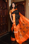 Rajsi~ Pure Silk Handloom - Maharani Paithani  Black with Orange Border