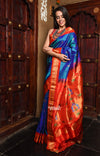 Pure Silk Handloom - Maharani Paithani in Dual Tone Blue with a striking Red Border and Pallu