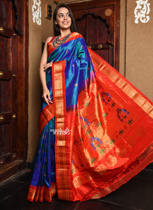  Best Pure Silk Handloom - Maharani Paithani in Dual Tone Blue with a striking Red Border and Pallu