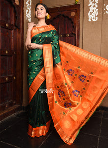  Rajsi~ Pure Silk Handloom - Maharani Paithani in Dark Green with a Bright Orange Border (Available in Peacock Buttis)