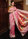 Dhun ~ Authentic Handloom Cotton Paithani in Light Pink and Golden 3 Parrots Pallu, High Quality Cotton
