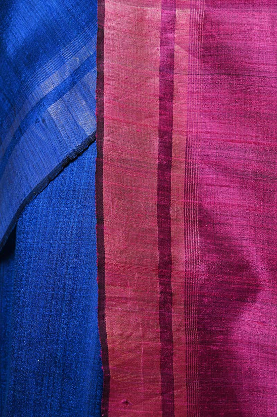 Handwoven Raw Silk Dupion Saree - Cobalt blue with Purple Pallu