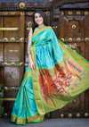 Image of Traditional Pure Silk Handloom Paithani ~ Dual Tone Blue Green with Fresh Green Border