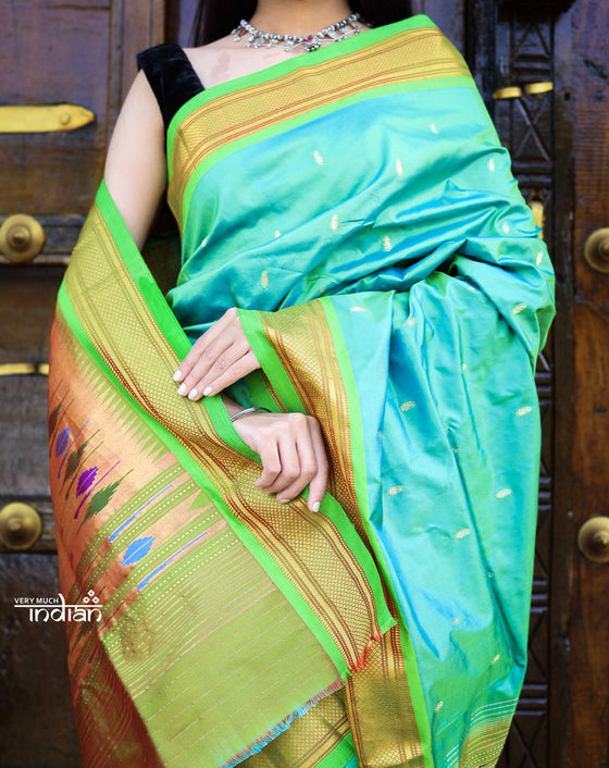 Best Traditional Pure Silk Handloom Paithani ~ Dual Tone Blue Green with Fresh Green Border