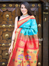 Utsaav ~ Authentic Handloom Pure Silk Maharani Paithani - Turquoise Blue with Red Border, Buttis all over the saree