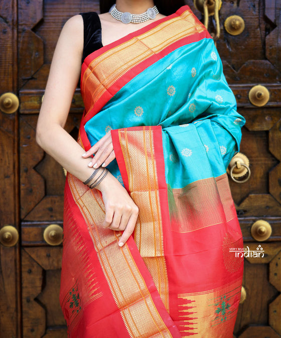 Utsaav ~ Authentic Handloom Pure Silk Maharani Paithani - Turquoise Blue with Red Border, Buttis all over the saree