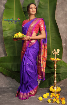  Mayur ~ Authentic Traditional Handloom Pure Silk Paithani Dark Purple with Pink Border and 30 Peacocks Pallu