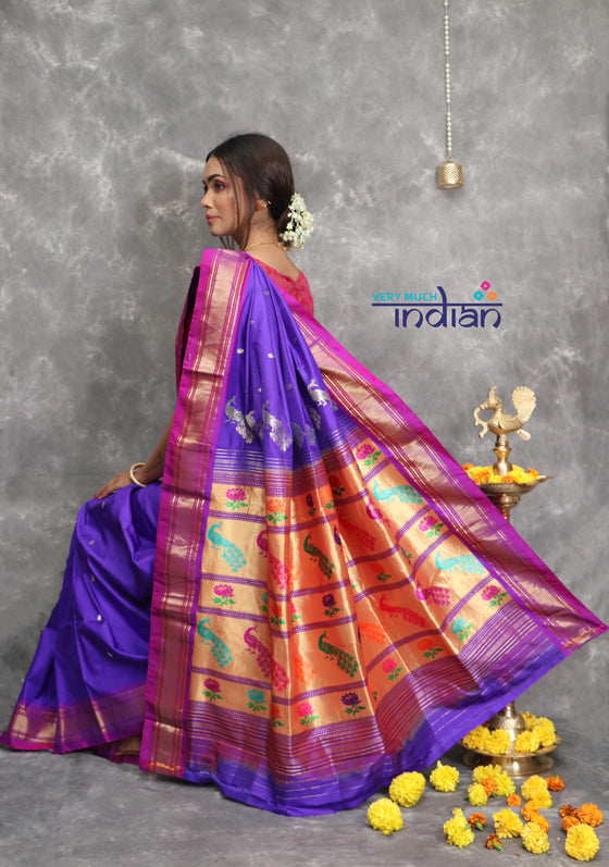 Mayur ~ Authentic Traditional Handloom Pure Silk Paithani Dark Purple with Pink Border and 30 Peacocks Pallu