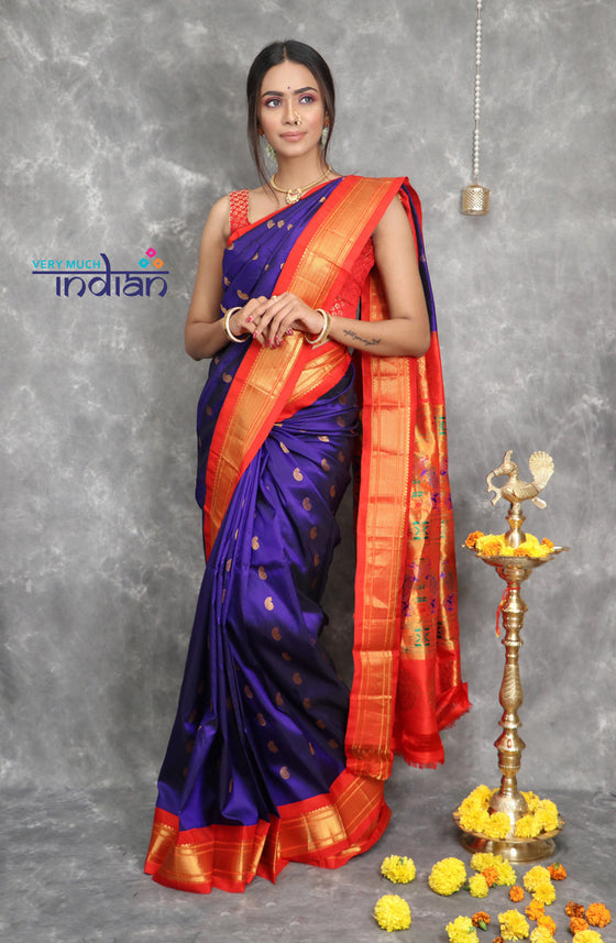 Shop Pure Silk Handloom Maharani Paithani - Royal Blue Traditional Color with Red Border
