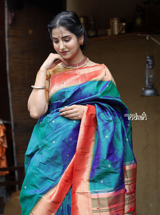Exclusive - Authentic Handloom Pure Silk Muniya Border Paithani with Exclusive Pallu and Buttis - Dual Tone Beautiful Peacock Blue Green