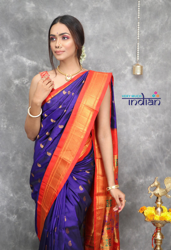 Pure Silk Handloom Maharani Paithani - Royal Blue Traditional Color with Red Border
