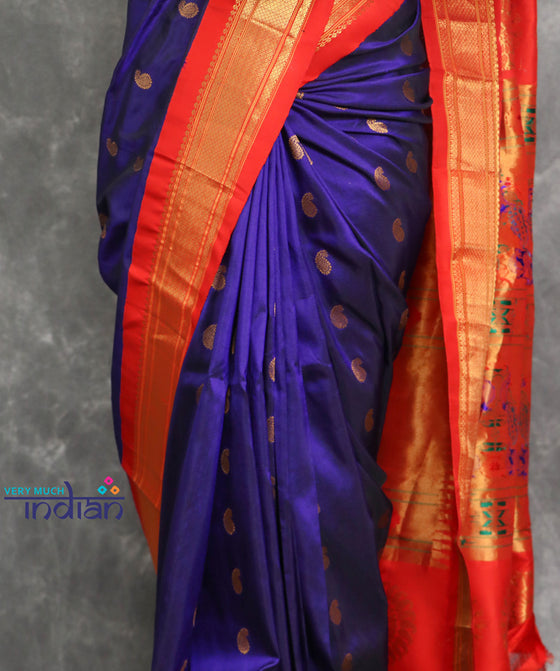 Pure Silk Handloom Maharani Paithani - Royal Blue Traditional Color with Red Border