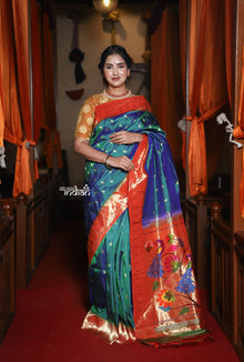  Authentic Handloom Pure Silk Muniya Border Paithani with Exclusive Pallu and Buttis - Dual Tone Blue Green