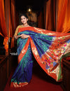 Exclusive Muniya Border - Authentic Handloom Pure Silk Muniya Border Paithani with Exclusive Pallu and Buttis - Dual Tone Blue Green