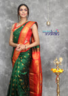 Rajsi~ Pure Silk Handloom Maharani Paithani - Deep Green with Red Border