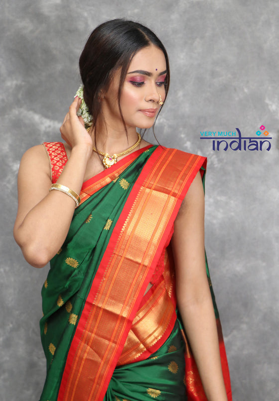 Rajsi~ Pure Silk Handloom Maharani Paithani - Deep Green with Red Border