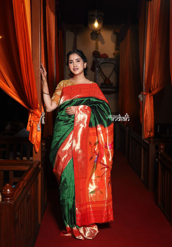 Exclusive Triple Muniya Border Paithani- Authentic Handloom Pure Silk Triple Muniya with Parrots Pallu - Zari Stripes (High Quality Silk)