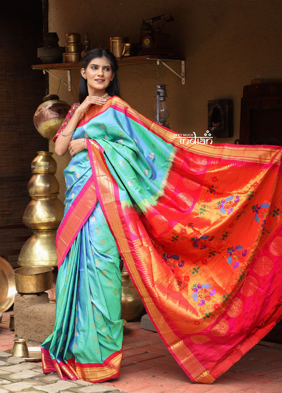 Utsaav ~ Authentic Handloom Pure Silk Maharani Paithani - Dual Tone Light Blue with Bright Pink Border, Buttis all over the saree