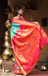 Utsaav ~ Authentic Handloom Pure Silk Maharani Paithani - Dual Tone Light Blue with Bright Pink Border, Buttis all over the saree
