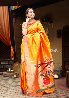  Authentic Handloom, Beautiful Orange Yellow, Pure Silk Muniya Border Paithani with Radha Krishna Pallu