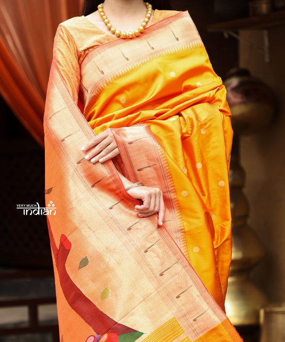 Exclusive!Authentic Handloom, Beautiful Orange Yellow, Pure Silk Muniya Border Paithani with Radha Krishna Pallu(High Quality Silk)