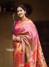 Exclusive - Authentic Handloom Pure Silk Muniya Border Paithani Dual Tone Beautiful Pink Green (High Quality Silk and Weaving)