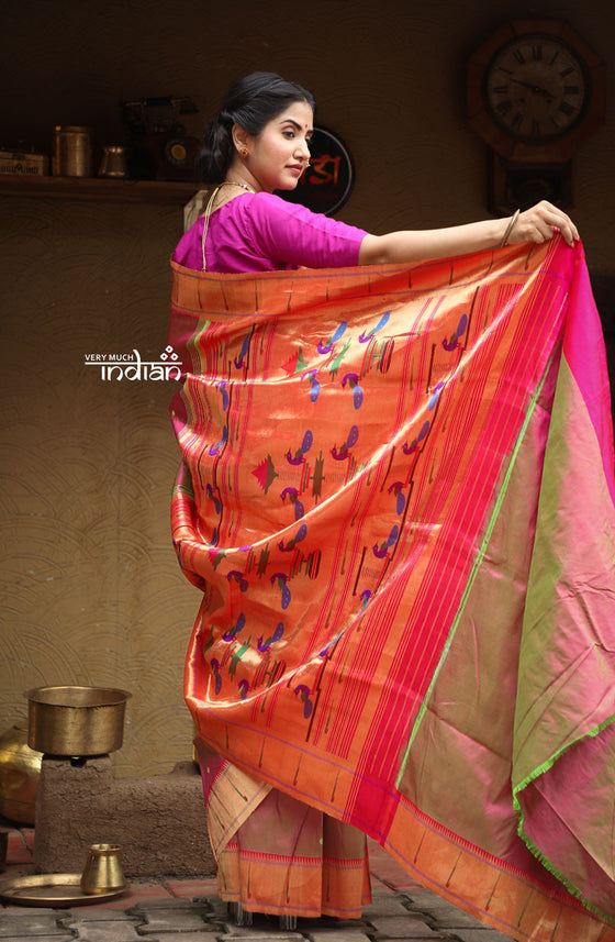 Exclusive - Authentic Handloom Pure Silk Muniya Border Paithani Dual Tone Beautiful Pink Green (High Quality Silk and Weaving)