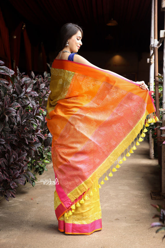 Top Selling ~ Pure Linen with Hand Block Printing - Mustard Yellow with Dual Color Border Orange and Pink