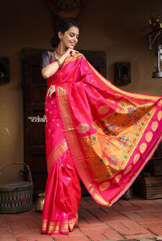 Utsaav ~ Authentic Handloom Pure Silk Maharani Paithani - Solid Hot Pink with Golden Buttis all over the saree