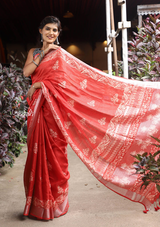 Utsaav ~ Pure Handmade Linen in Bright Red with Hand Block Printing
