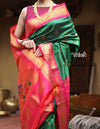 Bestseller Utsaav ~ Authentic Handloom Pure Silk Maharani Paithani - Beautiful Forest Green with Pink Border, Buttis all over the saree