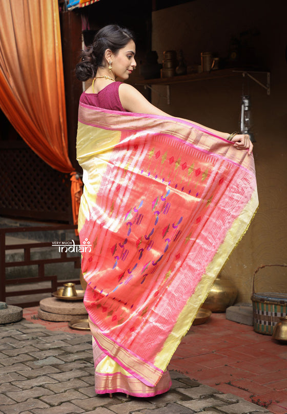 Buy Traditional Handloom Pure Silk Paithani Pastel Light Yellow with Light Pink Border