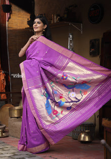  Utsaav ~ Traditional Handloom Cotton Paithani in Pretty Purple with Newly Designed Peacocks Pallu