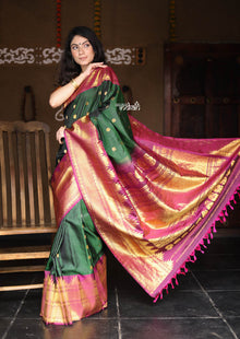  Utsaav ~ Gadwal Pure Silk Traditional Handloom Saree - Dark Green with Purple Border, Authentic Pure Silk