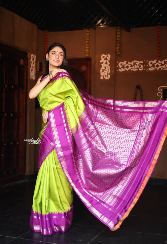 Utsaav ~ Gadwal Pure Silk Traditional Handloom Saree, Fresh Green with Violet Border,  Authentic Pure Silk