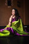 Utsaav ~ Gadwal Pure Silk Traditional Handloom Saree, Fresh Green with Violet Border,  Authentic Pure Silk