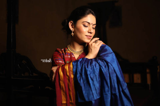 Handloom Cotton Viscose Ilkal Saree with Pure Resham Pallu - Royal Blue with Red Border