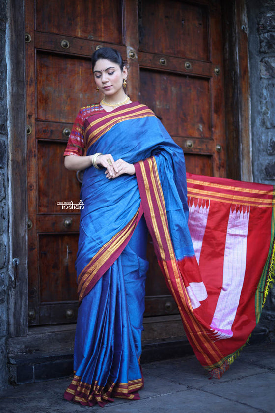 Handloom Cotton Viscose Ilkal Saree with Pure Resham Pallu - Royal Blue with Red Border