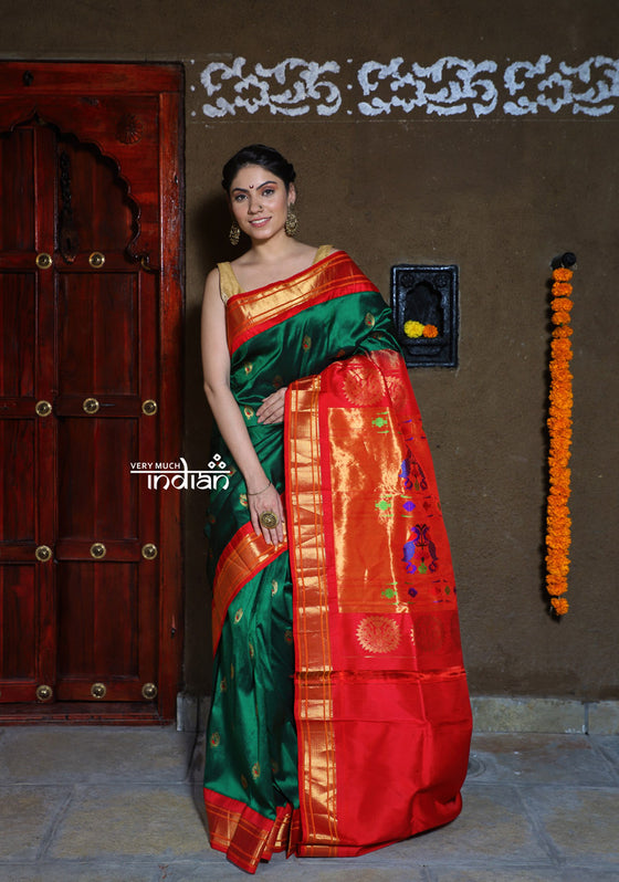 Shop Pure Silk Handloom - Maharani Paithani in Rich Forest Green with Rich Pinkish Red Border