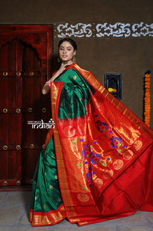  Pure Silk Handloom - Maharani Paithani in Rich Forest Green with Rich Pinkish Red Border