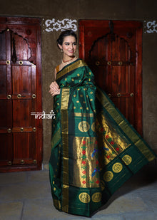  Rajsi~ Pure Silk Handloom - Maharani Paithani Solid Green and Golden Border, High Quality Pure Silk