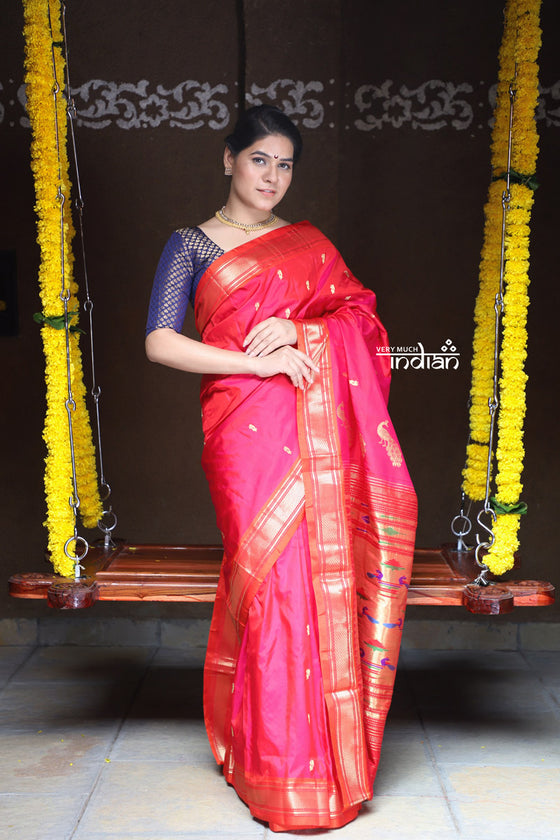 Rajsi~ Traditional Handloom Pure Silk Paithani in Bright Peach Pink with subtle Orange Border and most Traditional Double Pallu with Peacocks