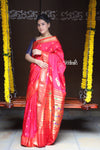 Rajsi~ Traditional Handloom Pure Silk Paithani in Bright Peach Pink with subtle Orange Border and most Traditional Double Pallu with Peacocks