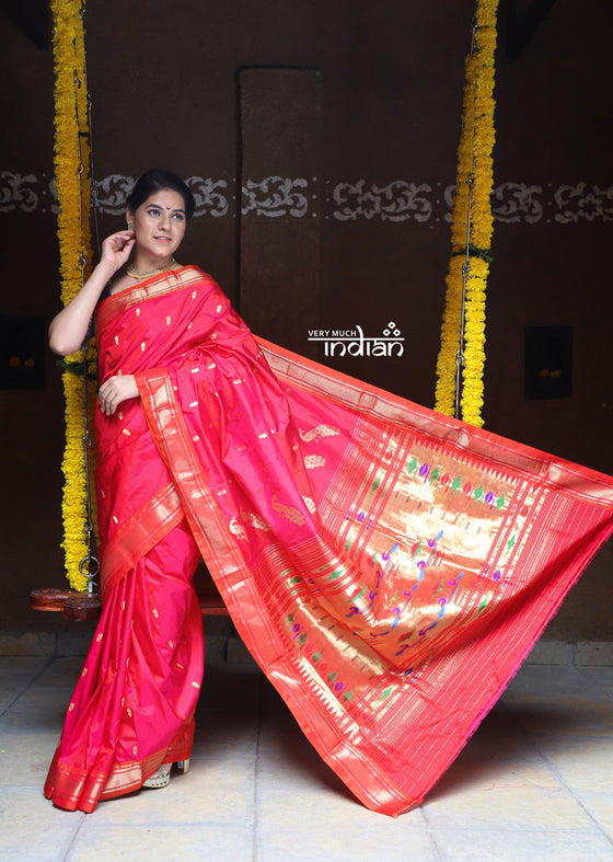 Rajsi~ Traditional Handloom Pure Silk Paithani in Bright Peach Pink with subtle Orange Border and most Traditional Double Pallu with Peacocks