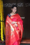 Rajsi~ Traditional Handloom Pure Silk Paithani in Bright Peach Pink with subtle Orange Border and most Traditional Double Pallu with Peacocks
