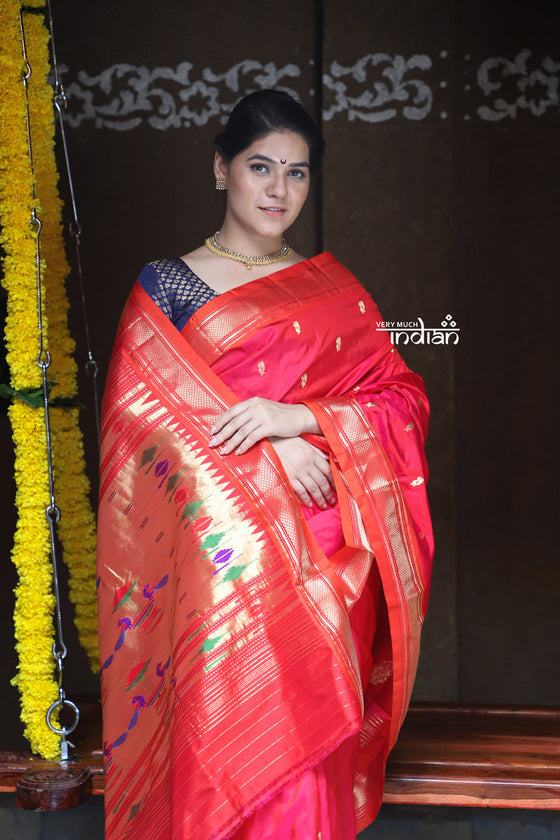 Rajsi~ Traditional Handloom Pure Silk Paithani in Bright Peach Pink with subtle Orange Border and most Traditional Double Pallu with Peacocks