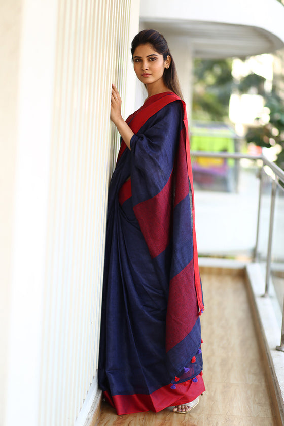 Pure Organic Linen Saree – Navy Blue And Red Bordered