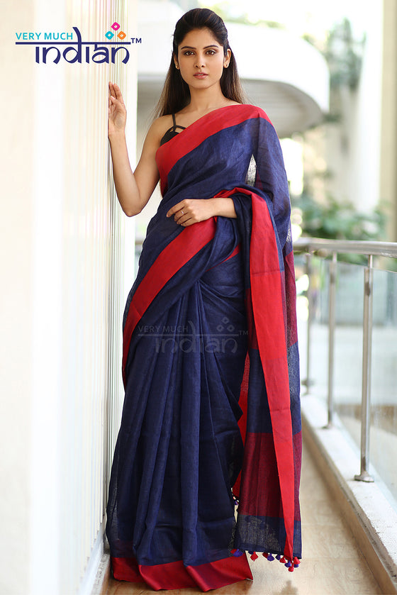 Pure Organic Linen Saree – Navy Blue And Red Bordered