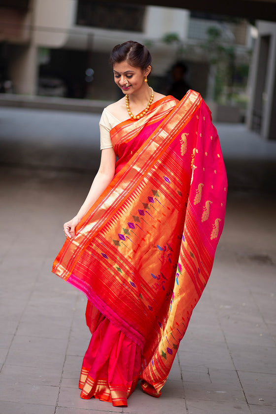 Buy Paithani Sarees Online - Yeola Paithani (Pink & Orange) - Very Much Indian
