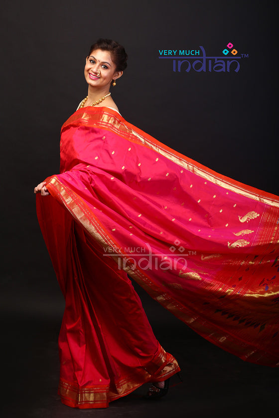 Buy Paithani Sarees Online - Yeola Paithani (Pink & Orange) - Very Much Indian